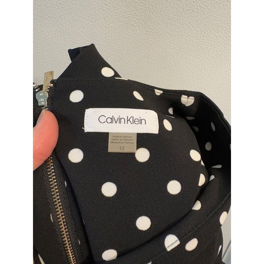 Calvin Klein Womens Black White Polka Dot Dress Size 12 Ruffle Cap Sleeves Zips - Picture 4 of 6